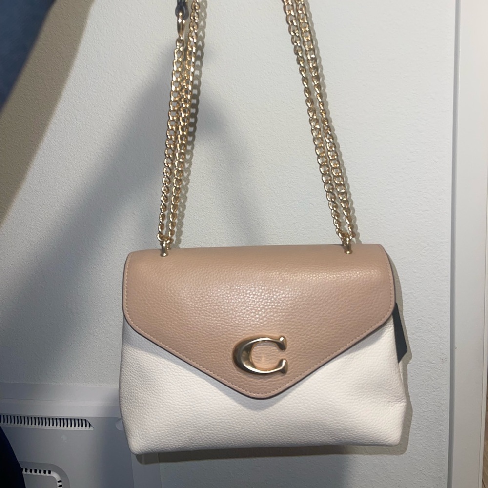 Coach Tan and Cream Shoulder Bag with Gold Chain